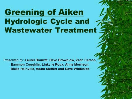 Greening of Aiken Hydrologic Cycle and Wastewater Treatment Presented by: Laurel Bourret, Dave Brownlow, Zach Carson, Eammon Coughlin, Linky le Roux, Anne.