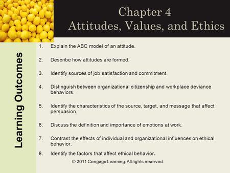 © 2011 Cengage Learning. All rights reserved. Chapter 4 Attitudes, Values, and Ethics Learning Outcomes 1.Explain the ABC model of an attitude. 2.Describe.