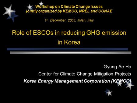 Workshop on Climate Change Issues jointly organized by KEMCO, NREL and CONAE 1 st December, 2003, Milan, Italy Role of ESCOs in reducing GHG emission.