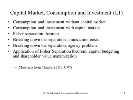Capital Market, Consumption and Investment (L1)