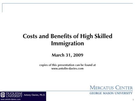 1 Costs and Benefits of High Skilled Immigration March 31, 2009 copies of this presentation can be found at www.antolin-davies.com.