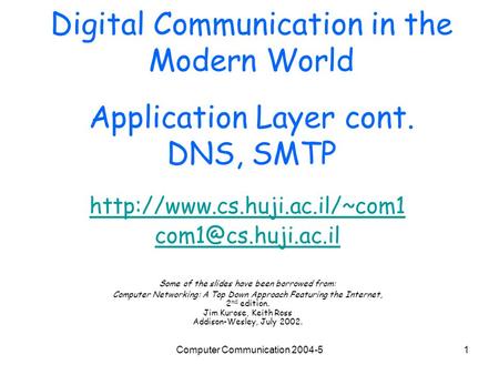 Computer Communication 2004-51 Digital Communication in the Modern World Application Layer cont. DNS, SMTP
