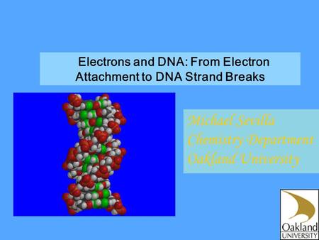 Electrons and DNA: From Electron Attachment to DNA Strand Breaks Michael Sevilla Chemistry Department Oakland University.