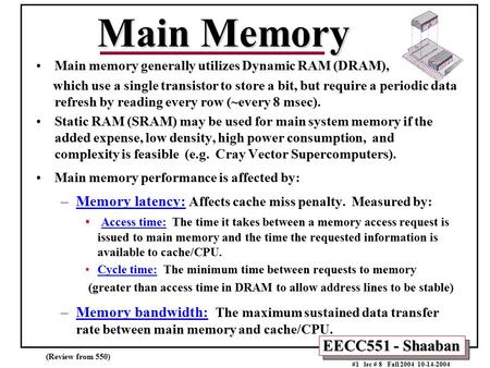 EECC551 - Shaaban #1 lec # 8 Fall 2004 10-14-2004 Main Memory Main memory generally utilizes Dynamic RAM (DRAM), which use a single transistor to store.