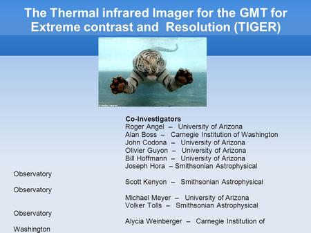 The Thermal infrared Imager for the GMT for Extreme contrast and Resolution (TIGER) Principal Investigator Philip Hinz – University of Arizona Co-Investigators.