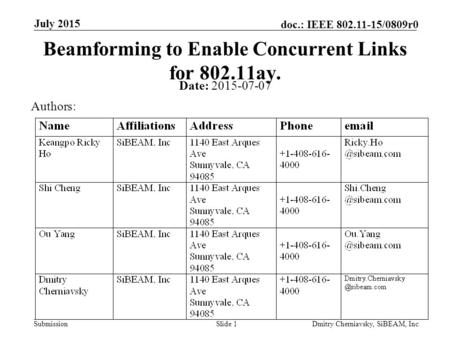 Submission doc.: IEEE 802.11-15/0809r0 July 2015 Dmitry Cherniavsky, SiBEAM, Inc.Slide 1 Beamforming to Enable Concurrent Links for 802.11ay. Date: 2015-07-07.