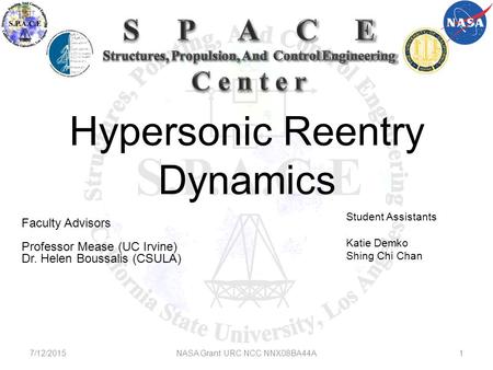 Hypersonic Reentry Dynamics Faculty Advisors Professor Mease (UC Irvine) Dr. Helen Boussalis (CSULA) Student Assistants Katie Demko Shing Chi Chan 7/12/2015NASA.