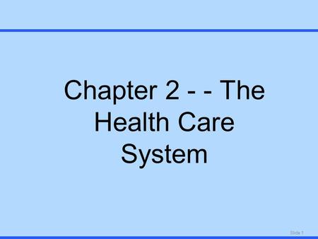 Slide 1 Chapter 2 - - The Health Care System. Slide 2 Health Care Delivery, Past and Present.
