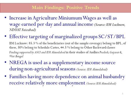 Main Findings: Positive Trends Increase in Agriculture Miniumum Wages as well as wage earned per day and annual income (Source: IIM Lucknow, NDUAT Faizabad)