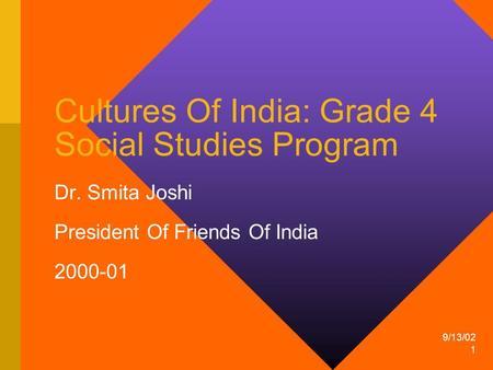 9/13/02 1 Cultures Of India: Grade 4 Social Studies Program Dr. Smita Joshi President Of Friends Of India 2000-01.