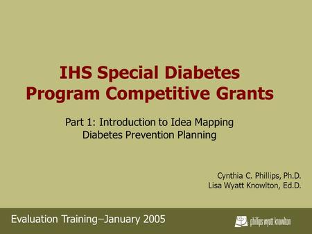 IHS Special Diabetes Program Competitive Grants Part 1: Introduction to Idea Mapping Diabetes Prevention Planning Cynthia C. Phillips, Ph.D. Lisa Wyatt.