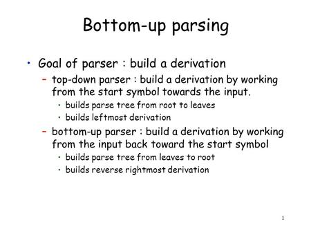 1 Bottom-up parsing Goal of parser : build a derivation –top-down parser : build a derivation by working from the start symbol towards the input. builds.