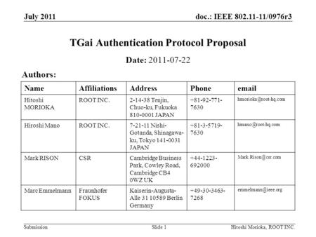 Doc.: IEEE 802.11-11/0976r3 Submission July 2011 Hitoshi Morioka, ROOT INC.Slide 1 TGai Authentication Protocol Proposal Date: 2011-07-22 Authors: NameAffiliationsAddressPhoneemail.