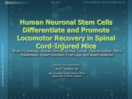 Human Neuronal Stem Cells Differentiate and Promote Locomotor Recovery in Spinal Cord-Injured Mice Brian J Cummings, Nobuko Uchida, Stanley Tamaki, Desiree.