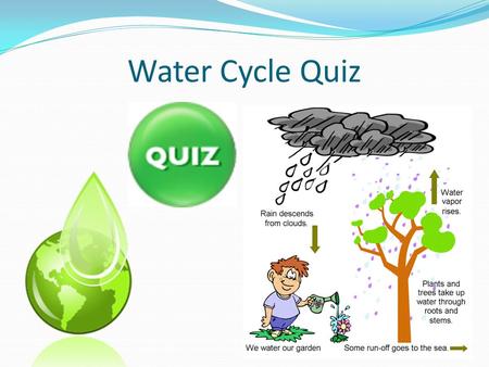 Water Cycle Quiz. How much of the earth's water is ocean? A) 50% B) 30% C) 75% D) 90%