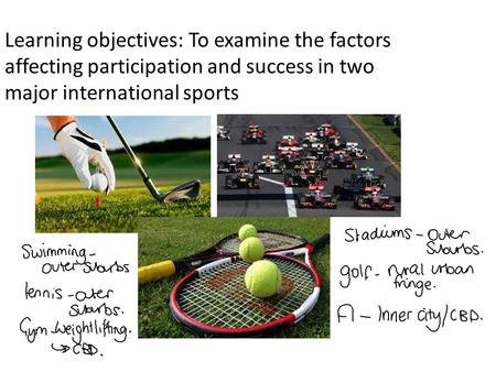 Learning objectives: To examine the factors affecting participation and success in two major international sports.