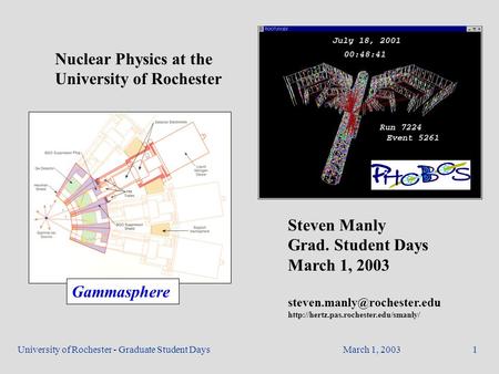 March 1, 2003University of Rochester - Graduate Student Days1 Nuclear Physics at the University of Rochester Steven Manly Grad. Student Days March 1, 2003.
