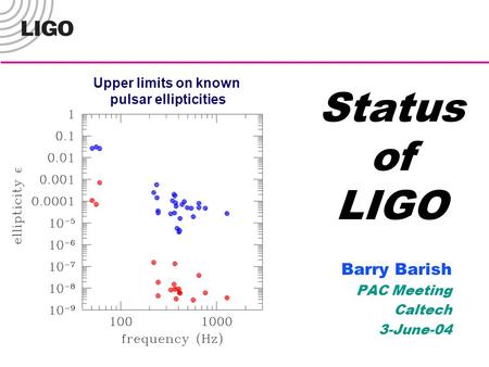 LIGO-G030557-00-M Status of LIGO Barry Barish PAC Meeting Caltech 3-June-04 Upper limits on known pulsar ellipticities.