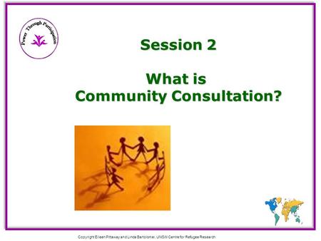 Copyright Eileen Pittaway and Linda Bartolomei, UNSW Centre for Refugee Research Session 2 What is Community Consultation?