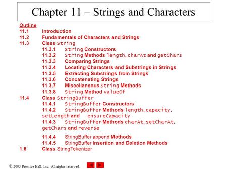  2003 Prentice Hall, Inc. All rights reserved. Chapter 11 – Strings and Characters Outline 11.1 Introduction 11.2 Fundamentals of Characters and Strings.
