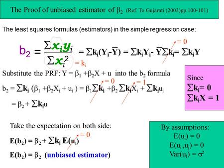 The Proof of unbiased estimator of  2 (Ref. To Gujarati (2003)pp.100-101) The least squares formulas (estimators) in the simple regression case: b2b2.