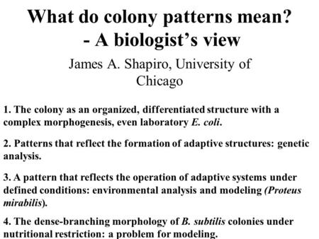 What do colony patterns mean? - A biologist’s view James A. Shapiro, University of Chicago 1. The colony as an organized, differentiated structure with.