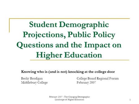 February 2007 - The Changing Demographic Landscape of Higher Education1 Student Demographic Projections, Public Policy Questions and the Impact on Higher.