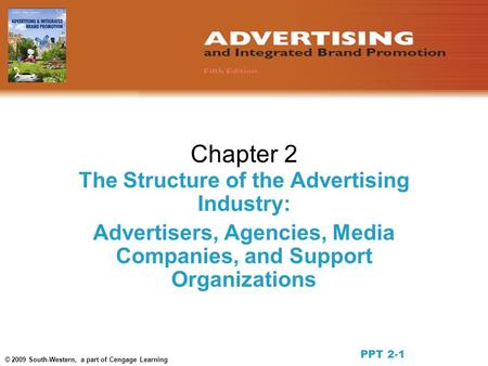 © 2009 South-Western, a part of Cengage Learning Chapter 2 The Structure of the Advertising Industry: Advertisers, Agencies, Media Companies, and Support.