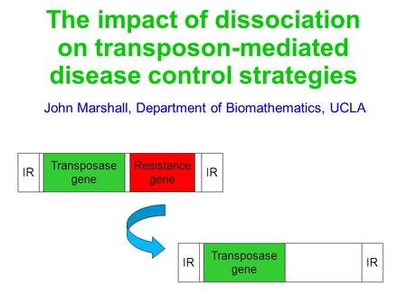 The impact of dissociation on transposon-mediated disease control strategies John Marshall, Department of Biomathematics, UCLA Transposase gene Resistance.