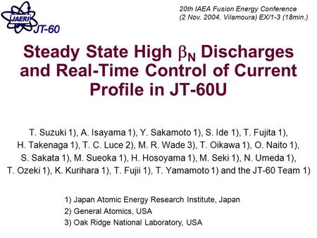 Steady State High  N Discharges and Real-Time Control of Current Profile in JT-60U T. Suzuki 1), A. Isayama 1), Y. Sakamoto 1), S. Ide 1), T. Fujita 1),