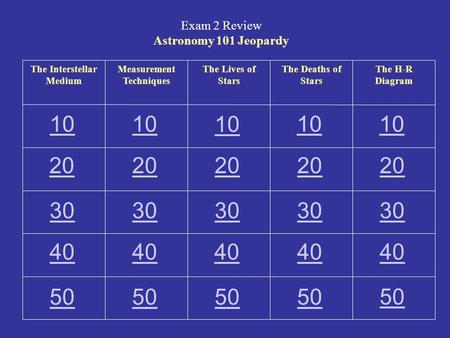 Exam 2 Review Astronomy 101 Jeopardy The Interstellar Medium Measurement Techniques The Lives of Stars The Deaths of Stars The H-R Diagram 10 20 30 40.