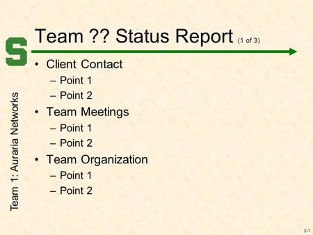 0-1 Team ?? Status Report (1 of 3) Client Contact –Point 1 –Point 2 Team Meetings –Point 1 –Point 2 Team Organization –Point 1 –Point 2 Team 1: Auraria.