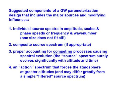 Suggested components of a GW parameterization design that includes the major sources and modifying influences: 1. individual source spectra in amplitude,