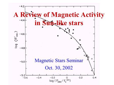 A Review of Magnetic Activity in Sun-like stars Magnetic Stars Seminar Oct. 30, 2002.