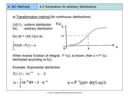 A) Transformation method (for continuous distributions) U(0,1) : uniform distribution f(x) : arbitrary distribution f(x) dx = U(0,1)(u) du When inverse.