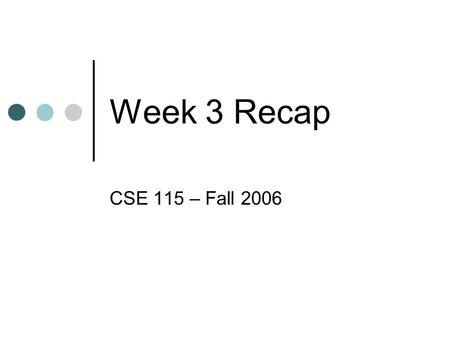 Week 3 Recap CSE 115 – Fall 2006. Java Source Code File Made up of: Package declaration Class definition.