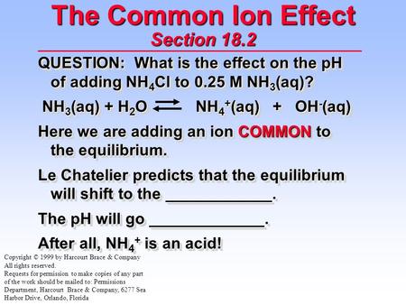 QUESTION: What is the effect on the pH of adding NH 4 Cl to 0.25 M NH 3 (aq)? NH 3 (aq) + H 2 O NH 4 + (aq) + OH - (aq) NH 3 (aq) + H 2 O NH 4 + (aq) +