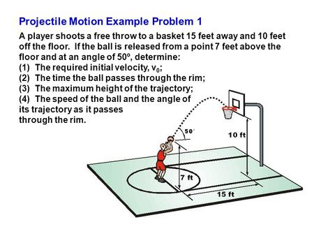 Projectile Motion Example Problem 1 A player shoots a free throw to a basket 15 feet away and 10 feet off the floor. If the ball is released from a point.
