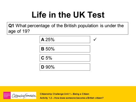 Citizenship Challenge Unit 1 – Being a Citizen Activity 1.2 – How does someone become a British citizen? Life in the UK Test A 25% B 50% C 5% Q1 What percentage.