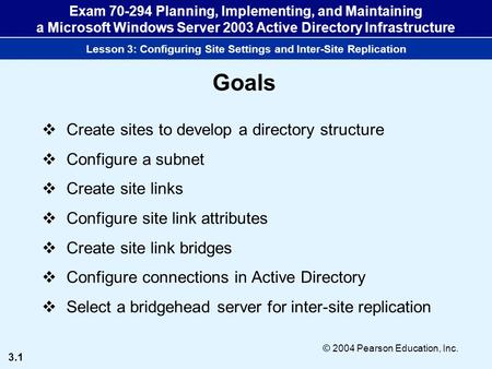 3.1 © 2004 Pearson Education, Inc. Exam 70-294 Planning, Implementing, and Maintaining a Microsoft Windows Server 2003 Active Directory Infrastructure.