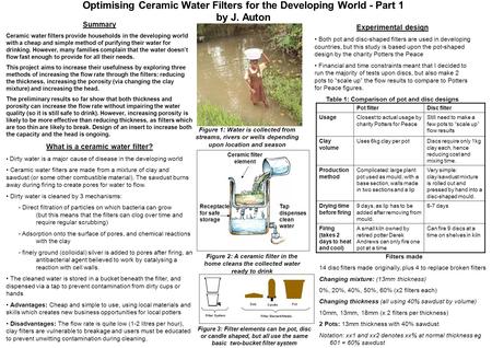 Optimising Ceramic Water Filters for the Developing World - Part 1 by J. Auton Summary Ceramic water filters provide households in the developing world.