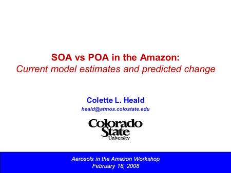 SOA vs POA in the Amazon: Current model estimates and predicted change Colette L. Heald Aerosols in the Amazon Workshop February.