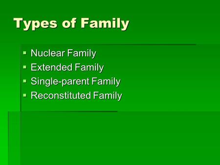 Types of Family  Nuclear Family  Extended Family  Single-parent Family  Reconstituted Family.