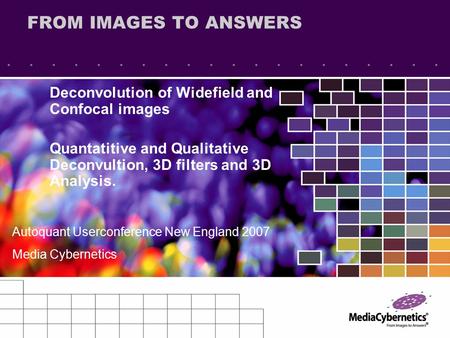 FROM IMAGES TO ANSWERS Deconvolution of Widefield and Confocal images Quantatitive and Qualitative Deconvultion, 3D filters and 3D Analysis. Autoquant.