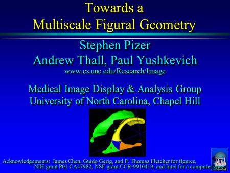 Towards a Multiscale Figural Geometry Stephen Pizer Andrew Thall, Paul Yushkevich www.cs.unc.edu/Research/Image Medical Image Display & Analysis Group.