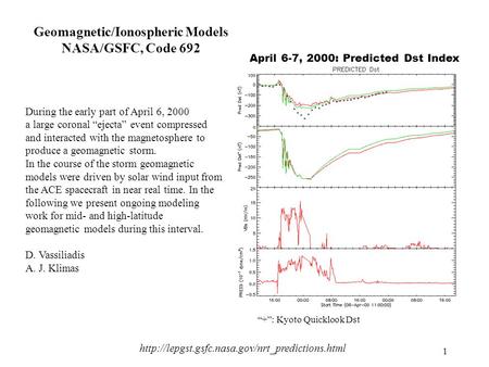 1 Geomagnetic/Ionospheric Models NASA/GSFC, Code 692 During the early part of April 6, 2000 a large coronal “ejecta” event compressed and interacted with.