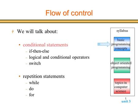 Unit 3 1 Flow of control H We will talk about: conditional statements  if-then-else  logical and conditional operators  switch repetition statements.