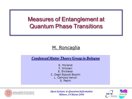 Open Systems & Quantum Information Milano, 10 Marzo 2006 Measures of Entanglement at Quantum Phase Transitions M. Roncaglia G. Morandi F. Ortolani E. Ercolessi.