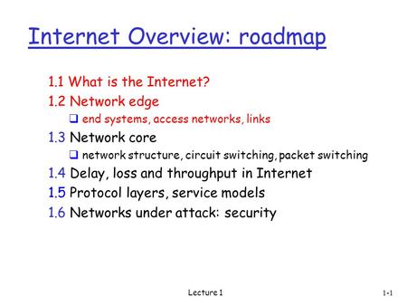 Lecture 1 Internet Overview: roadmap 1.1 What is the Internet? 1.2 Network edge  end systems, access networks, links 1.3 Network core  network structure,