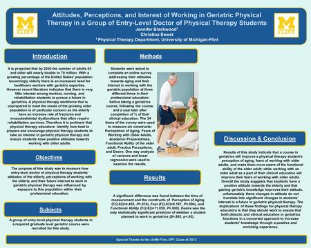 The purpose of this study was to measure how entry-level doctor of physical therapy students’ attitudes of the elderly, perceptions of working with the.